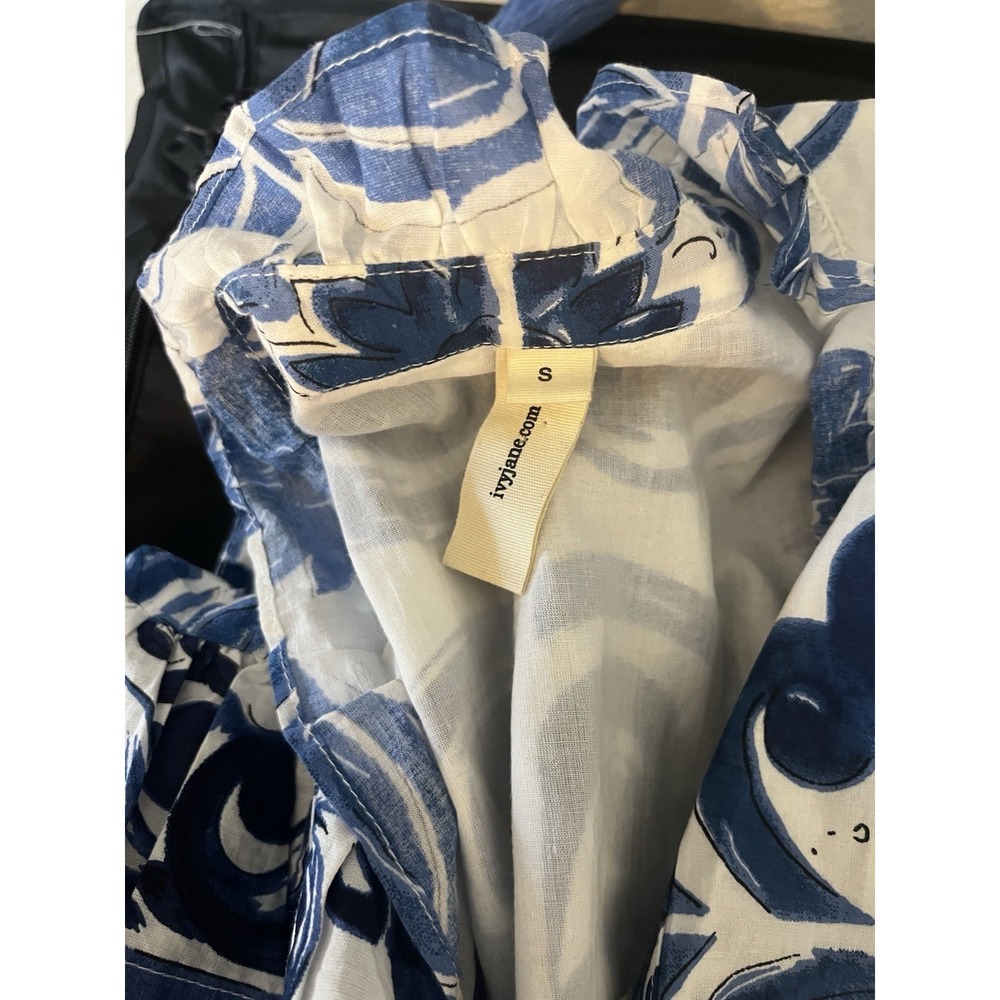 Uncle Frank Tile Pattern Dress Size Small Blue White Ruffle Collar Belted - Picture 10 of 10